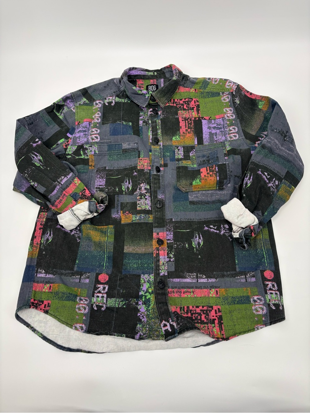 BDG Black Button-Up Shirt with Green, Purple & Pink Graphic Print